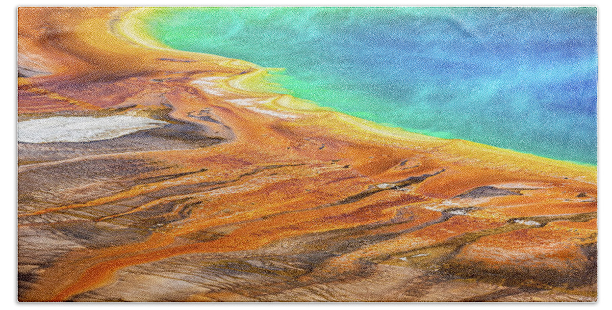 Grand Prismatic Beach Sheet featuring the photograph Grand Prismatic Spring closeup in Yellowstone National Park, Wyoming by Mihai Andritoiu