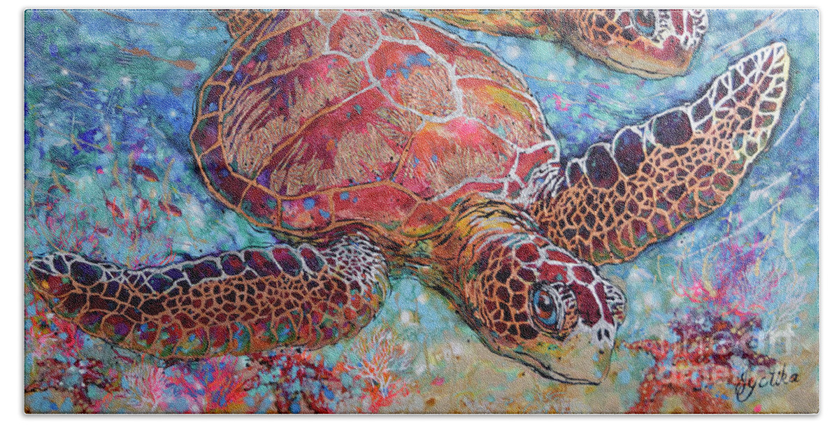Green Sea Turtles Beach Towel featuring the painting Grand Sea Turtles by Jyotika Shroff