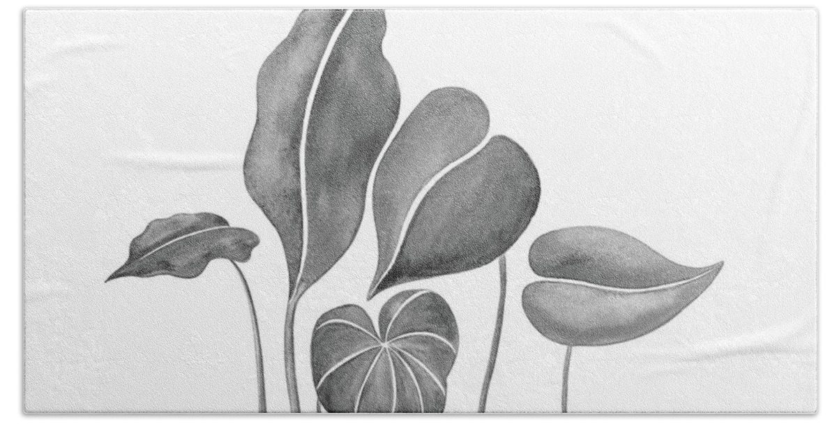 Gray Beach Towel featuring the painting Gray Grace Exotic Botanical Watercolor Tropic Leaves by Irina Sztukowski