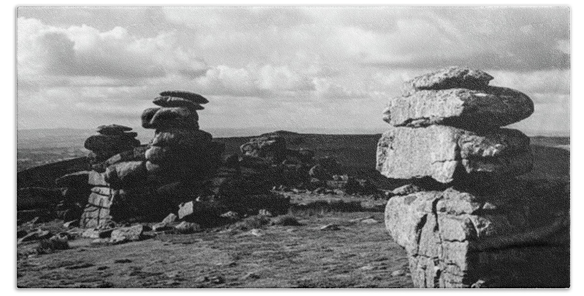 Devon Beach Towel featuring the photograph Great Staple Tor Dartmoor National Park England Panorama Black And White by Sonny Ryse