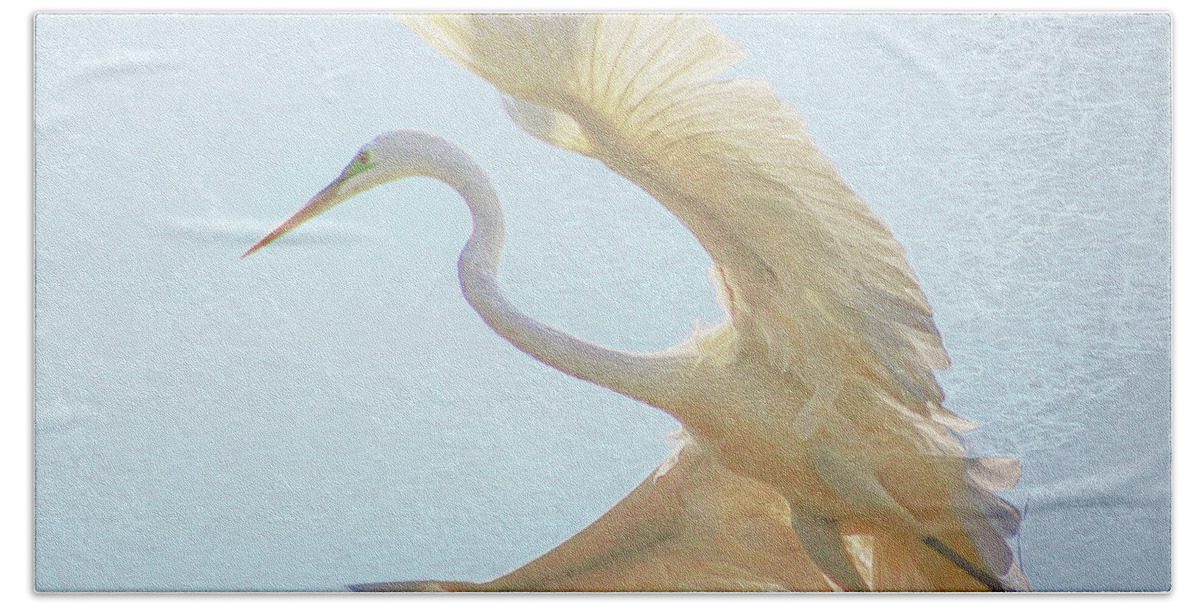 Egret Beach Towel featuring the photograph Great White Egret Takes to Flight by Ola Allen