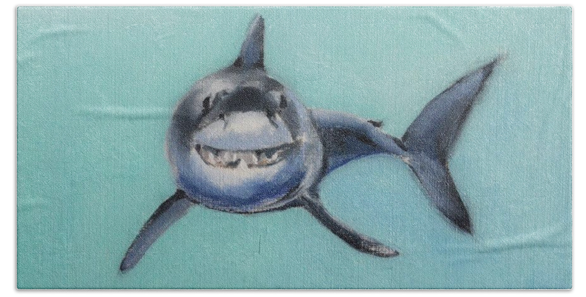 Cute Shark Beach Towel featuring the painting Great White Shark Underwater Painting Series by Donna Tuten