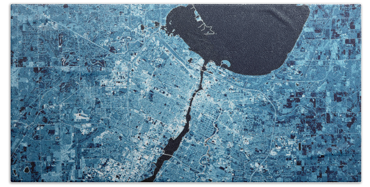 Green Bay Beach Towel featuring the digital art Green Bay Wisconsin 3D Render Map Blue Top View Oct 2019 by Frank Ramspott