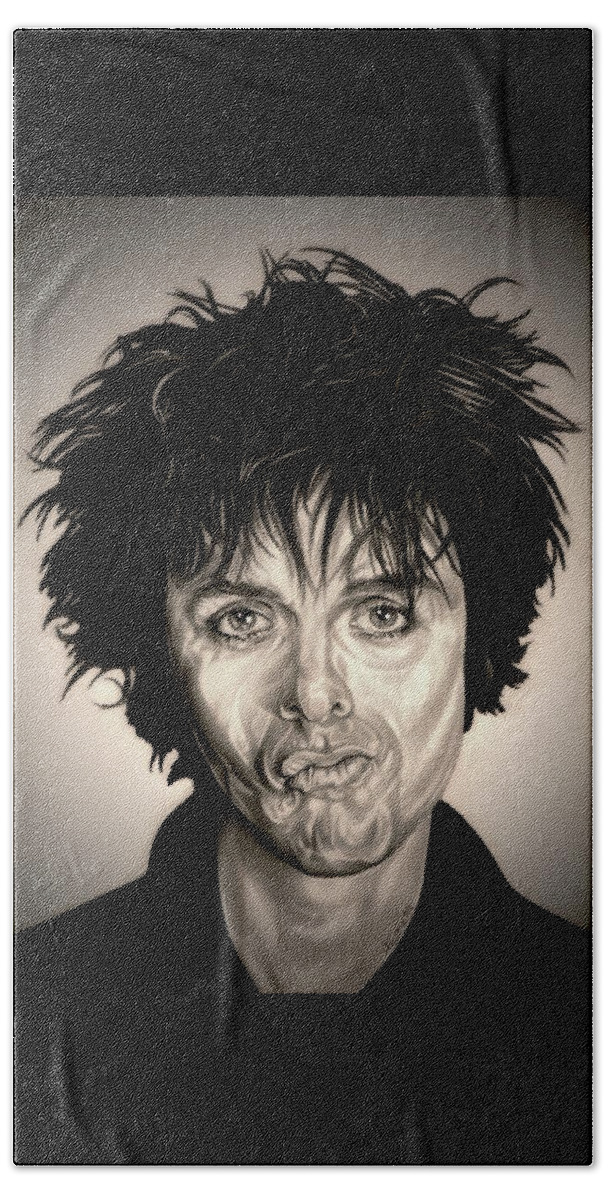 Billy Joe Armstrong Beach Towel featuring the drawing Green Day - White Back, Sepia Edition by Fred Larucci