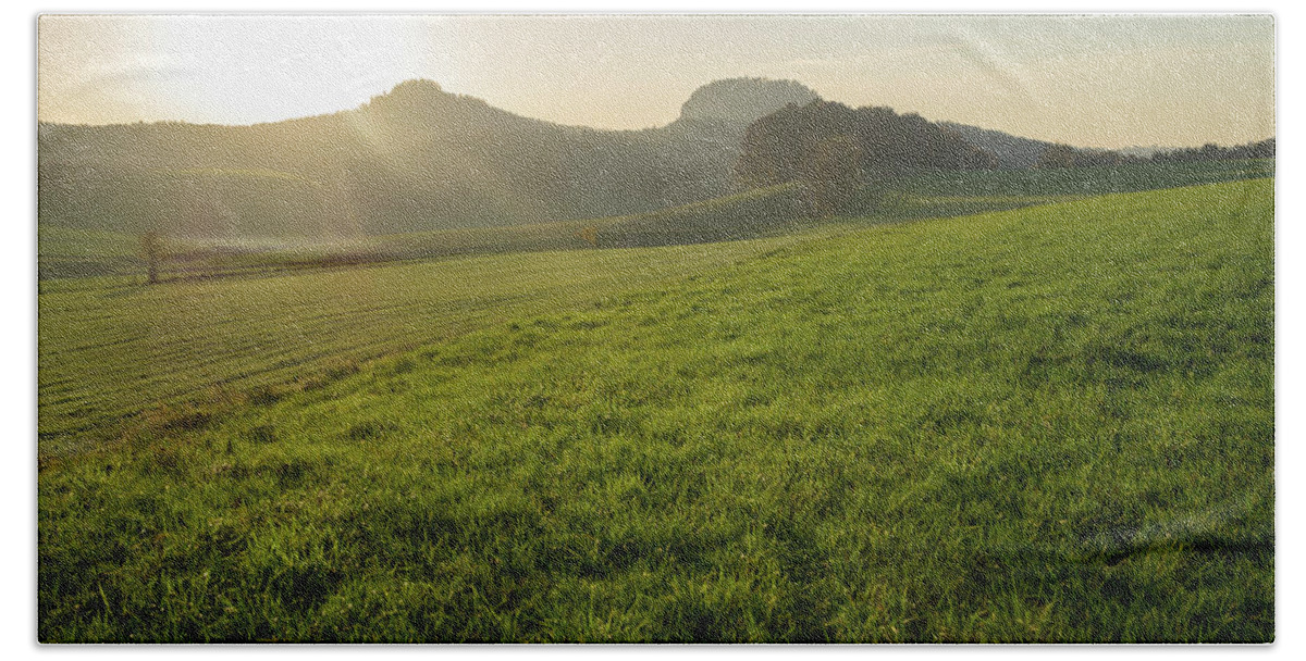 Saxon Switzerland Beach Towel featuring the photograph Green meadow and golden light 1 by Adriana Mueller
