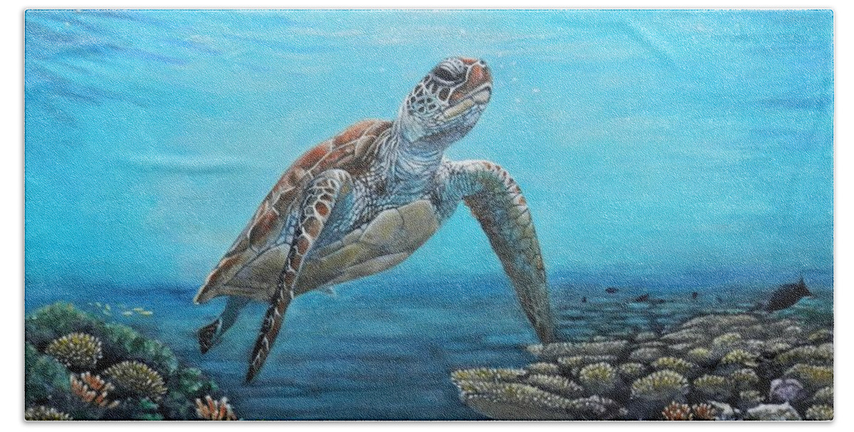 Turtle Beach Towel featuring the painting Green Sea Turtle by John Neeve