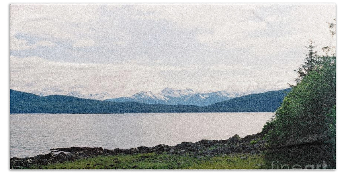 #alaska #ak #juneau #cruise #tours #vacation #peaceful #sealaska #southeastalaska #calm #chilkatmountains #chilkats #capitalcity #lynncanal #shrineofsttherese #clouds #cloudy #35mm #analog #film #spring #sprucewoodstudios Beach Towel featuring the photograph Green Spring by Lynn Canal by Charles Vice