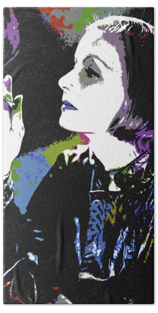 Greta Garbo Beach Towel featuring the digital art Greta Garbo - 4 psychedelic portrait by Movie World Posters