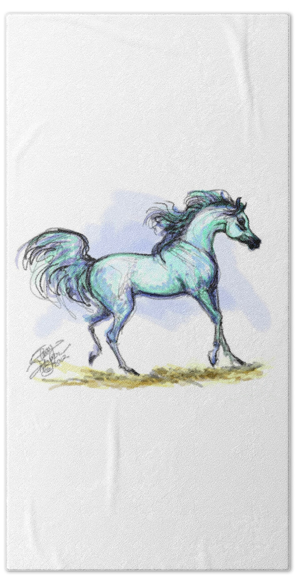 Equestrian Art Beach Towel featuring the digital art Grey Arabian Stallion Watercolor by Stacey Mayer by Stacey Mayer