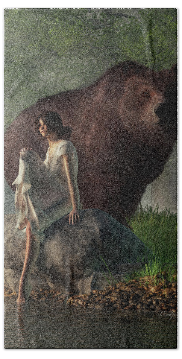 Grizzly Bear Beach Towel featuring the digital art Grizzly Bear and Girl in a Nightgown by Daniel Eskridge