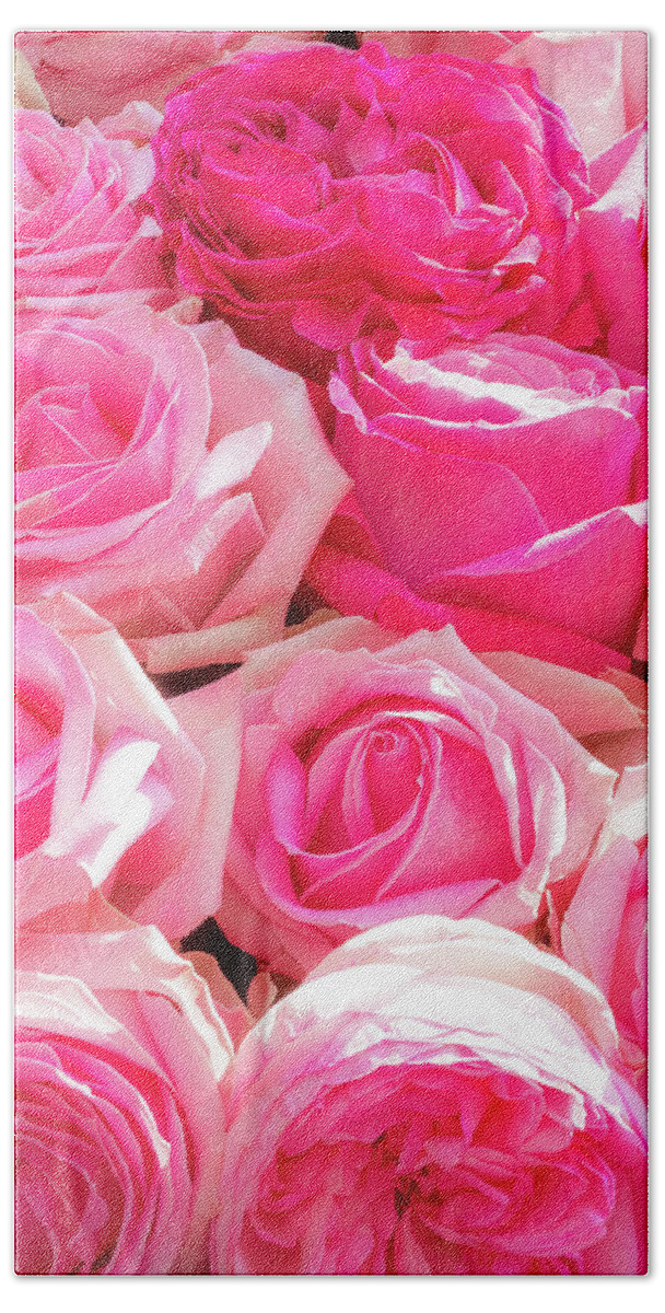 Arrangement Beach Towel featuring the photograph Group of ten pink roses in bloom by Jean-Luc Farges