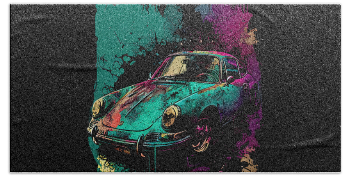 Car Beach Towel featuring the photograph Rugged Elegance, Porsche in Grunge Tones by Paulo Goncalves