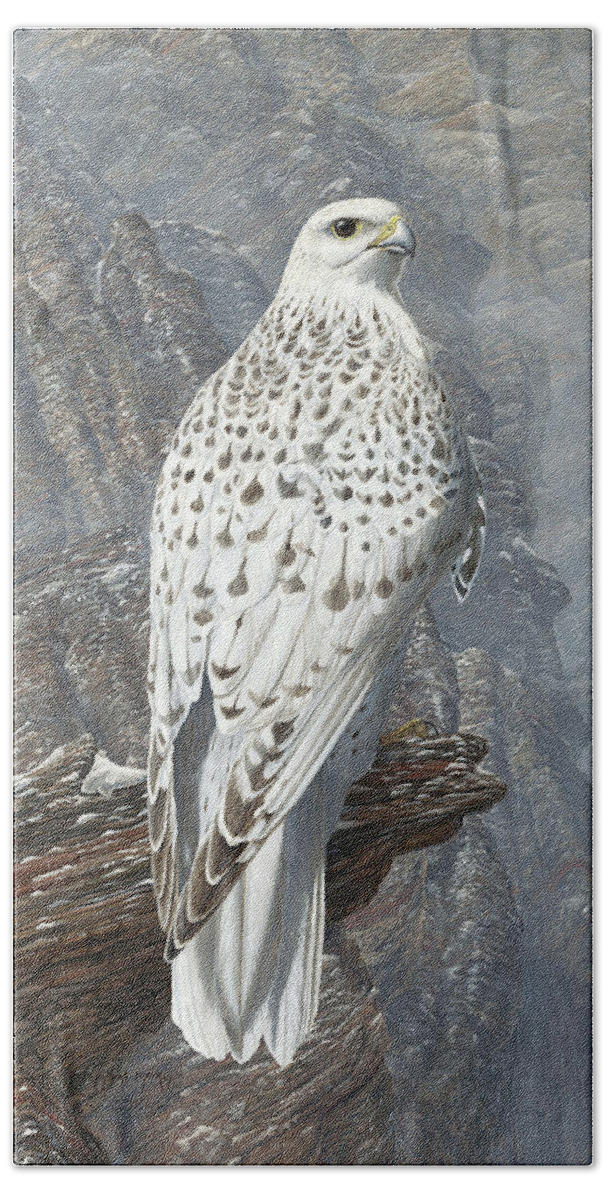 Gyrfalcon Beach Towel featuring the painting Gyrfalcon by Barry Kent MacKay