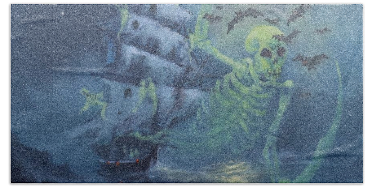  Halloween Beach Towel featuring the painting Halloween Ghost Ship by Tom Shropshire