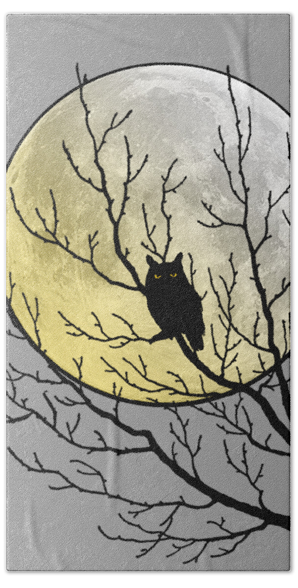 Owl Beach Towel featuring the digital art Halloween owl in a tree by Madame Memento