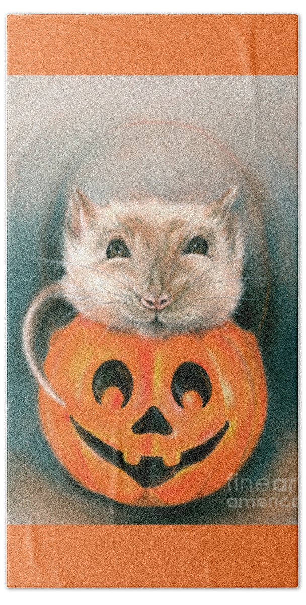 Animal Beach Towel featuring the painting Halloween Rat in a Pumpkin Bucket by MM Anderson