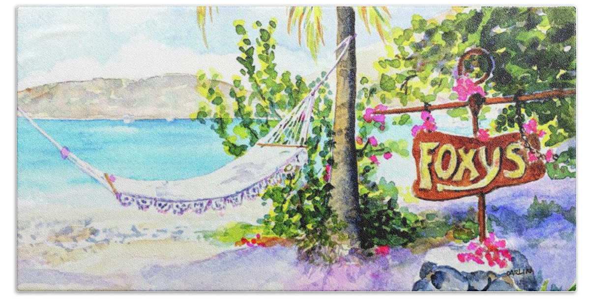 Beach Beach Towel featuring the painting Hammock on Beach at Foxy's by Carlin Blahnik CarlinArtWatercolor