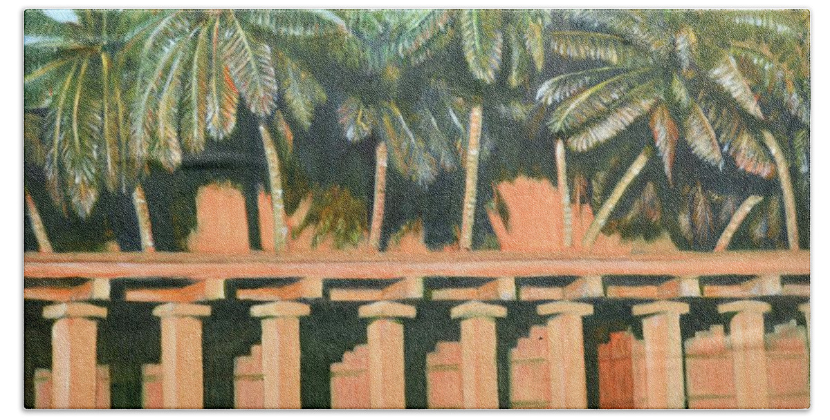 Hampi Beach Towel featuring the painting Hampi Pillars by Usha Shantharam