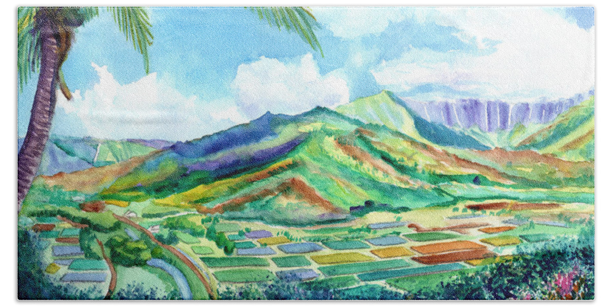 Hanalei Beach Towel featuring the painting Hanalei Valley by Marionette Taboniar
