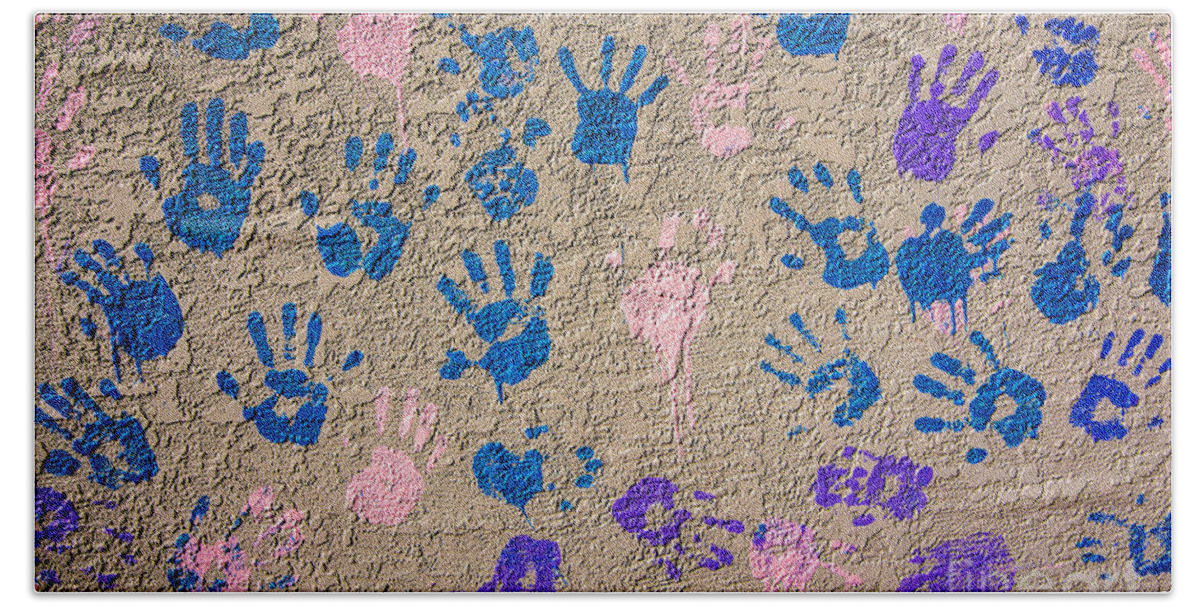 Hand Prints Beach Towel featuring the photograph Hand Prints - Painted Hands on Concrete - Abstract by Gary Whitton