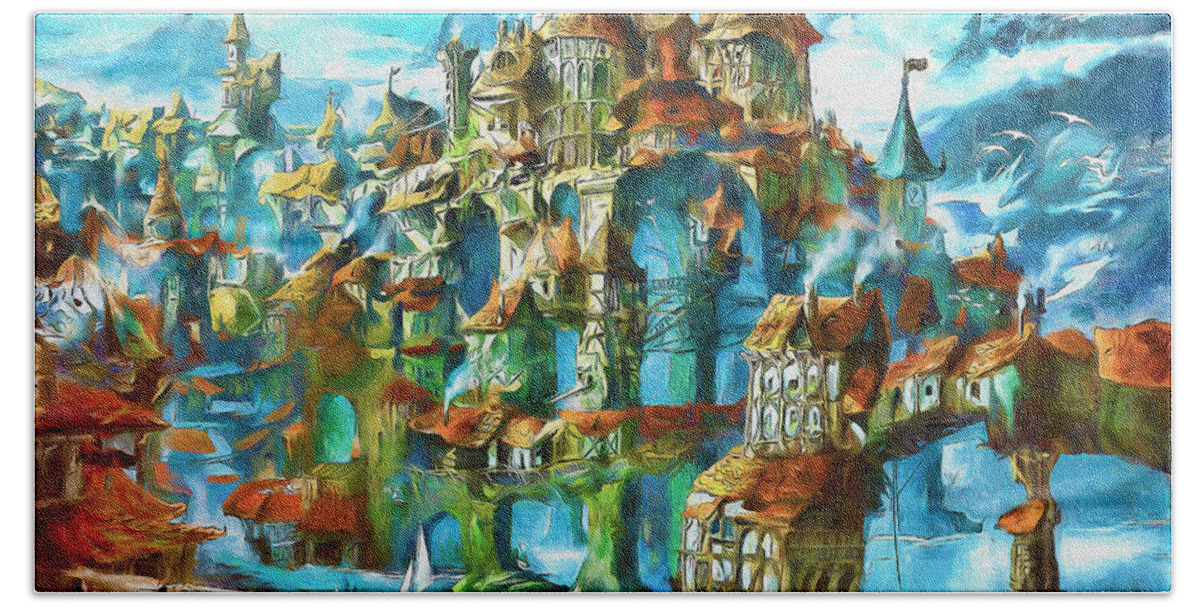 Painting Beach Towel featuring the painting Hanging city by Nenad Vasic