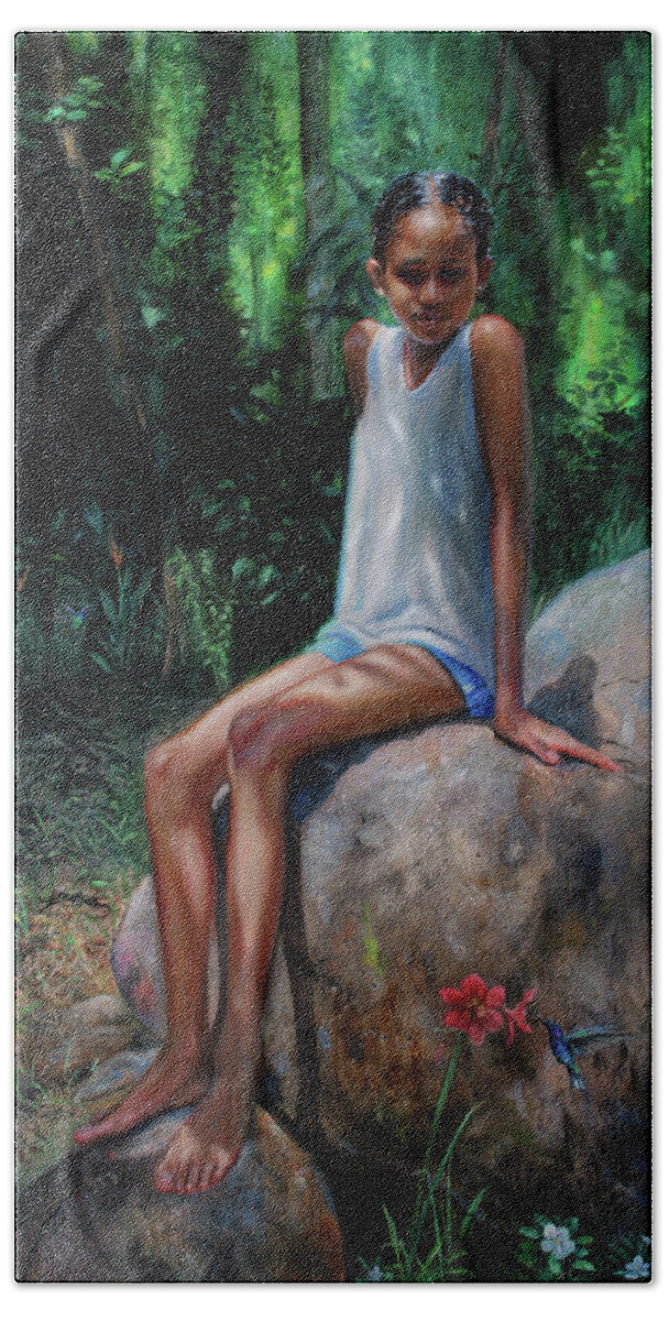 Figure Painting Beach Towel featuring the painting Hanna epi Kilibwi by Jonathan Guy-Gladding JAG