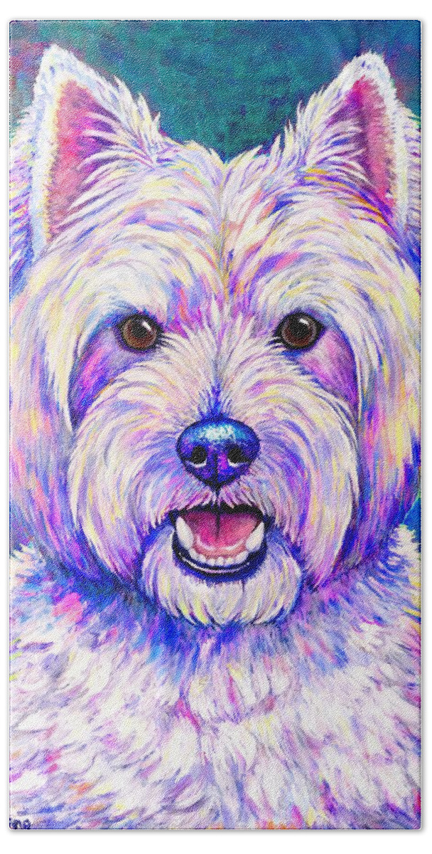 West Highland White Terrier Beach Towel featuring the painting Happiness - Neon Colorful West Highland White Terrier Dog by Rebecca Wang