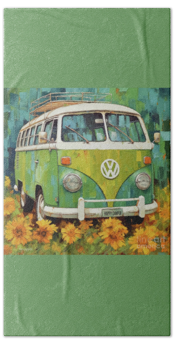 Volkswagen Beach Sheet featuring the painting Happy Camper Volkswagen by Tina LeCour
