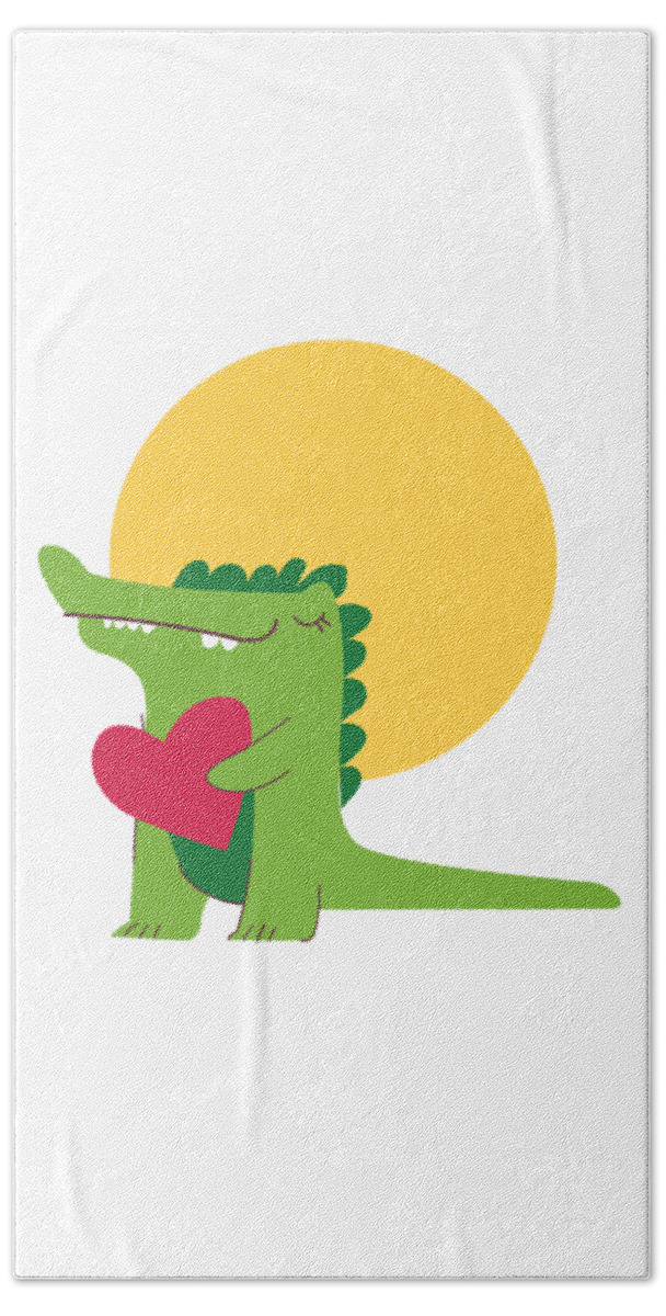 Adorable Beach Towel featuring the digital art Happy Crocodile Holding a Big Heart by Jacob Zelazny