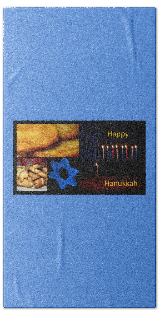 Hanukkah Beach Towel featuring the mixed media Happy Hanukkah Food by Nancy Ayanna Wyatt