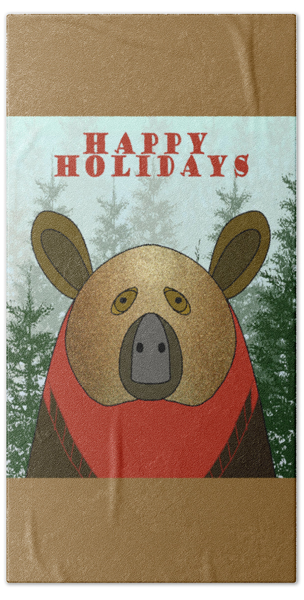 Happy Holidays Beach Towel featuring the drawing Happy Holidays Bear by Nancy Merkle