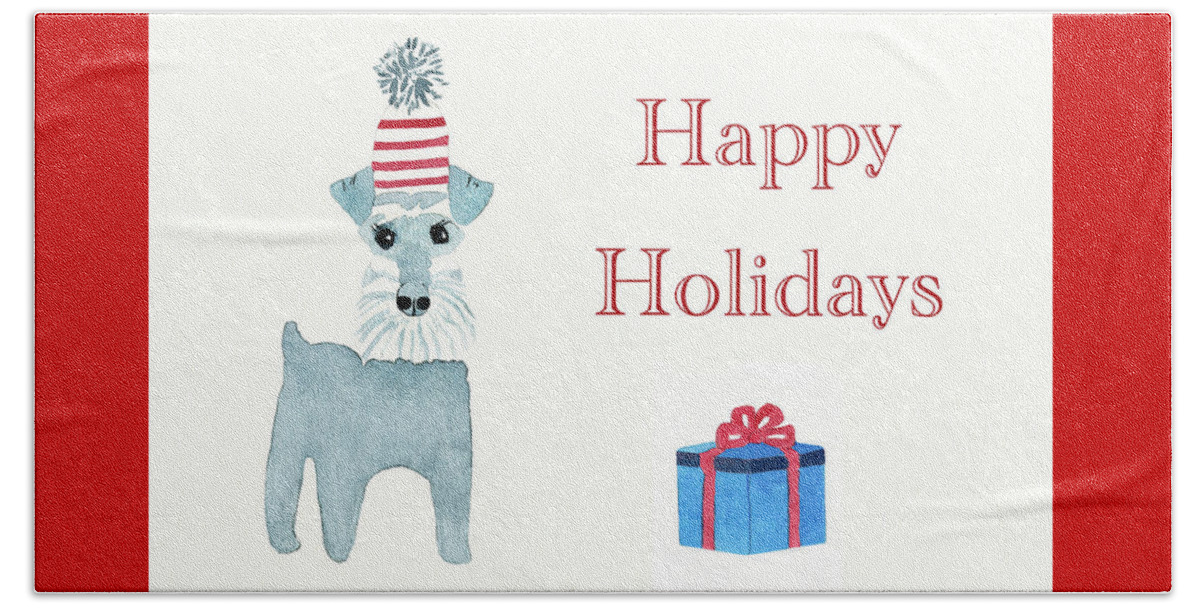 Christmas Beach Towel featuring the painting Happy Holidays Schnauzer Card and Art Print by Deborah League