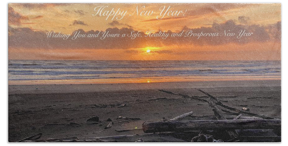 Greeting Card Beach Towel featuring the photograph Happy New Year - Ocean Sunset 2 by Jerry Abbott