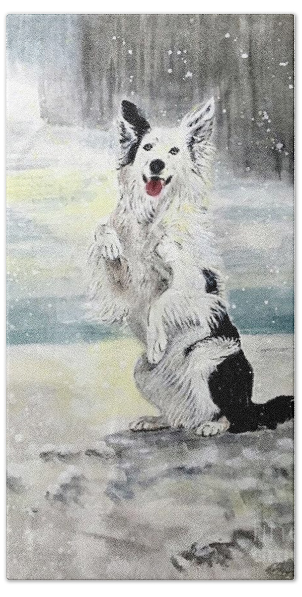 Puppy Art Beach Towel featuring the painting Happy Puppy in the Snow by Carmen Lam