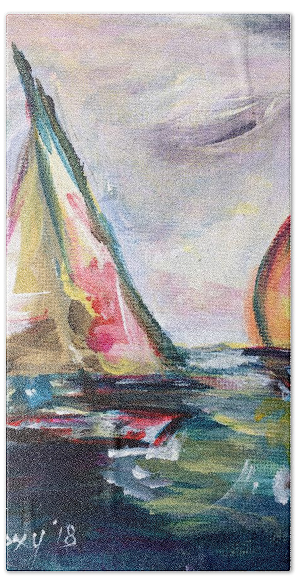 Abstract Boats Beach Towel featuring the painting Happy Sails by Roxy Rich