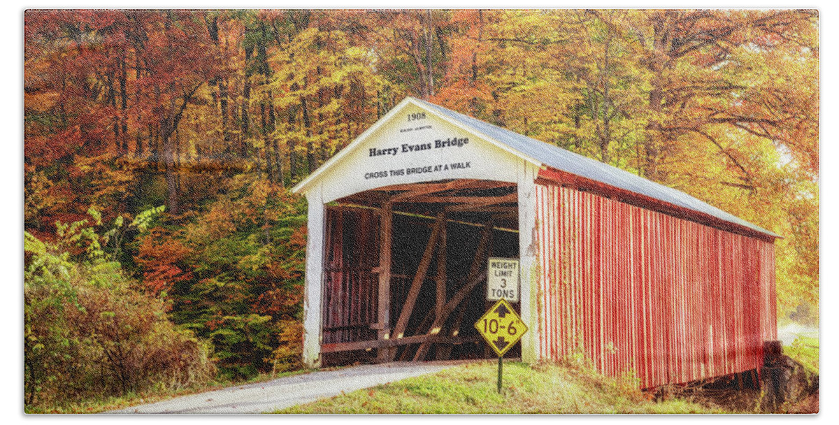 Parke County Beach Towel featuring the photograph Harry Evans Covered Bridge in Autumn by Susan Rissi Tregoning
