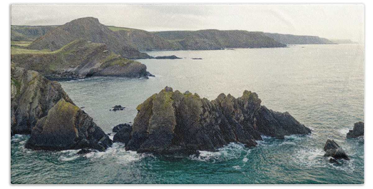 Panorama Beach Towel featuring the photograph Hartland Quay Rigged Coast by Sonny Ryse