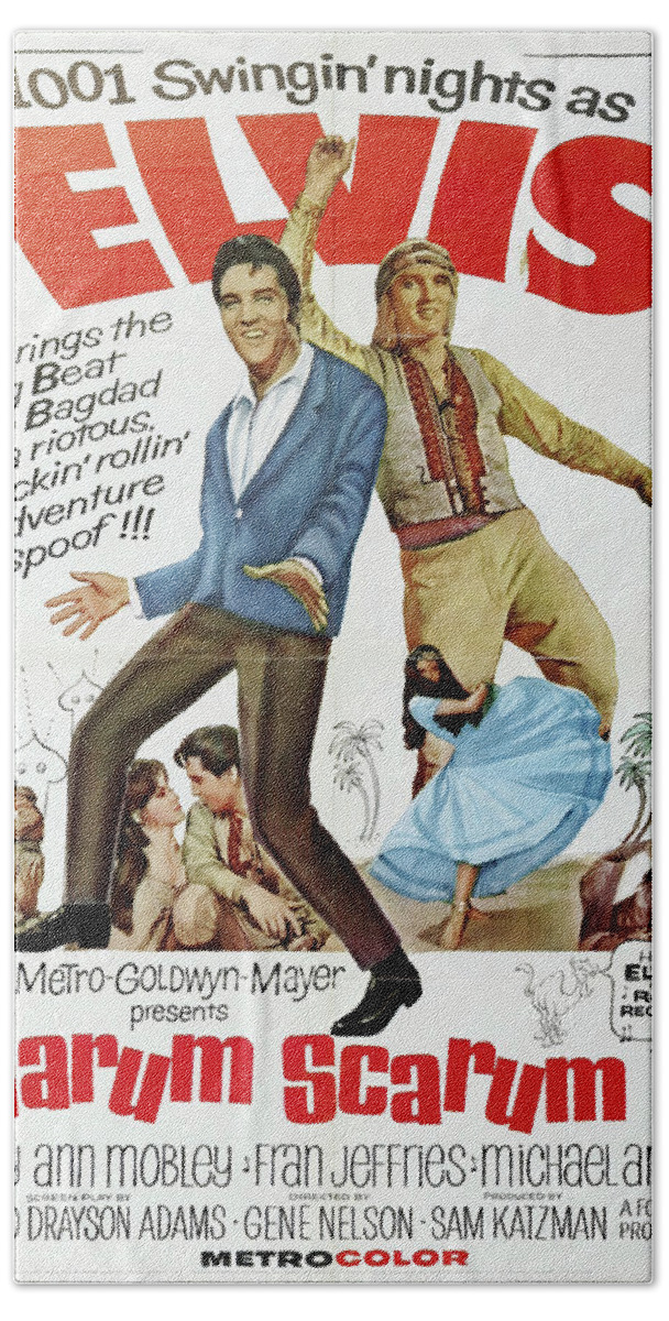 Harum Beach Towel featuring the mixed media ''Harum Scarum, with Elvis Presley, 1965 by Movie World Posters