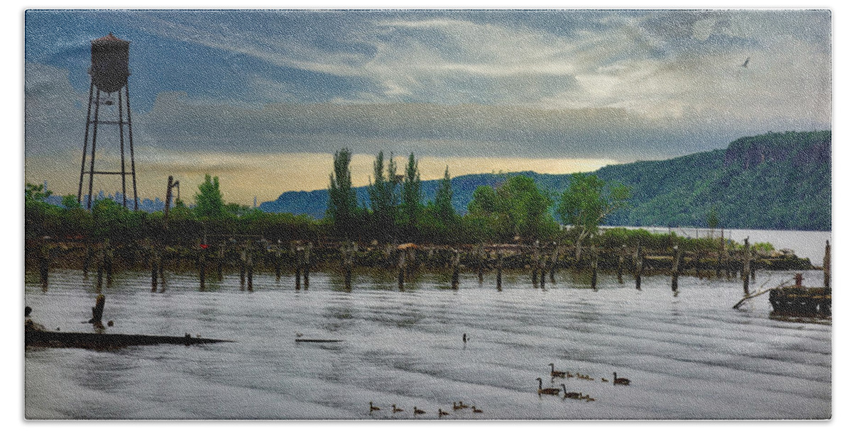 Hudson Beach Towel featuring the photograph Hastings on Hudson Water Tower Ducks and Eagle by Russ Considine