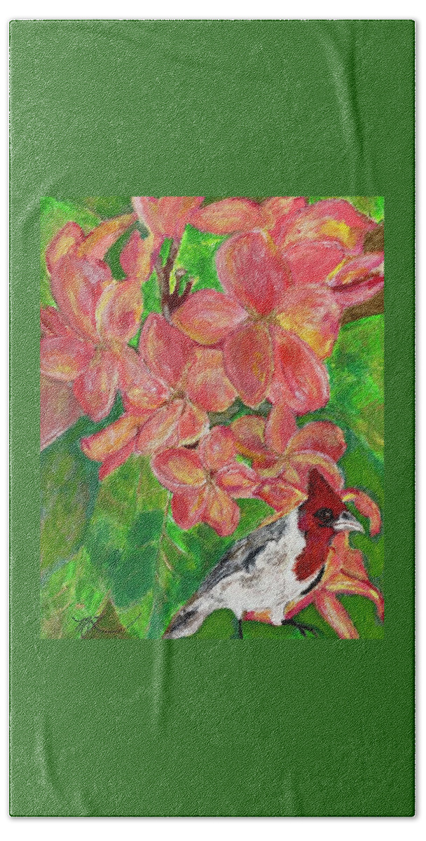 Flowers Beach Towel featuring the painting Hawaiian Red Cardinal in Plumeria by Melody Fowler