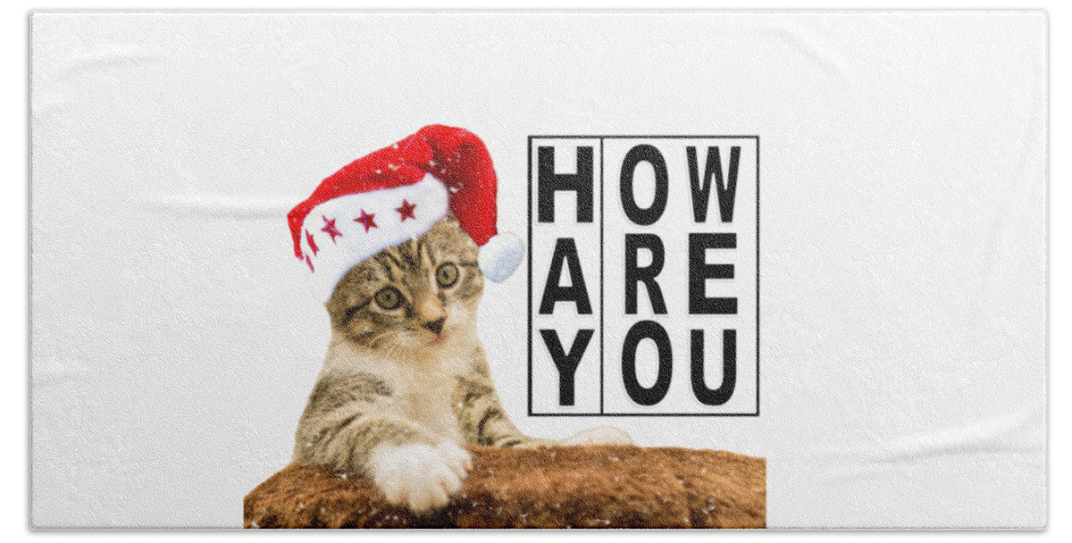 Hay How Are You Beach Towel featuring the digital art Hay How Are You Christmas Kitty with Black Letters by Ali Baucom