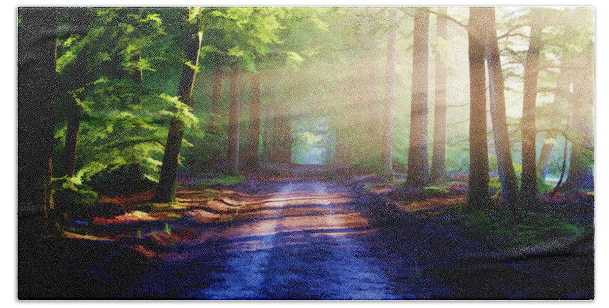 Landscape Beach Towel featuring the painting Hazy Forest Road - DWP1815297 by Dean Wittle
