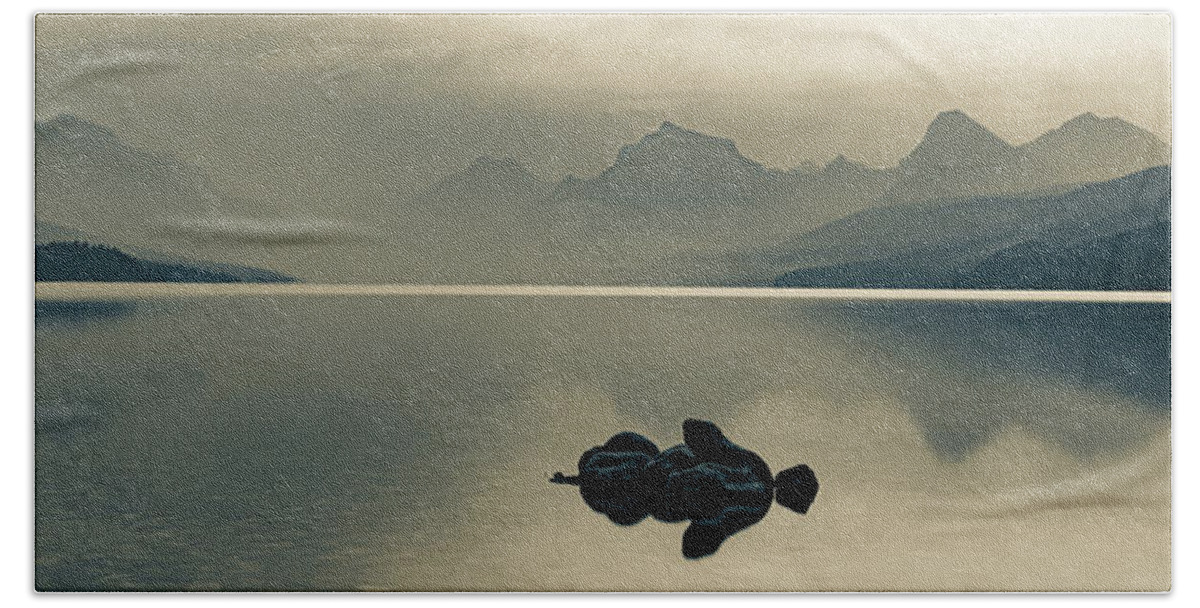 Glacier Park Beach Towel featuring the photograph Hazy Mountain Landscape Panorama Over Lake McDonald In Sepia by Gregory Ballos