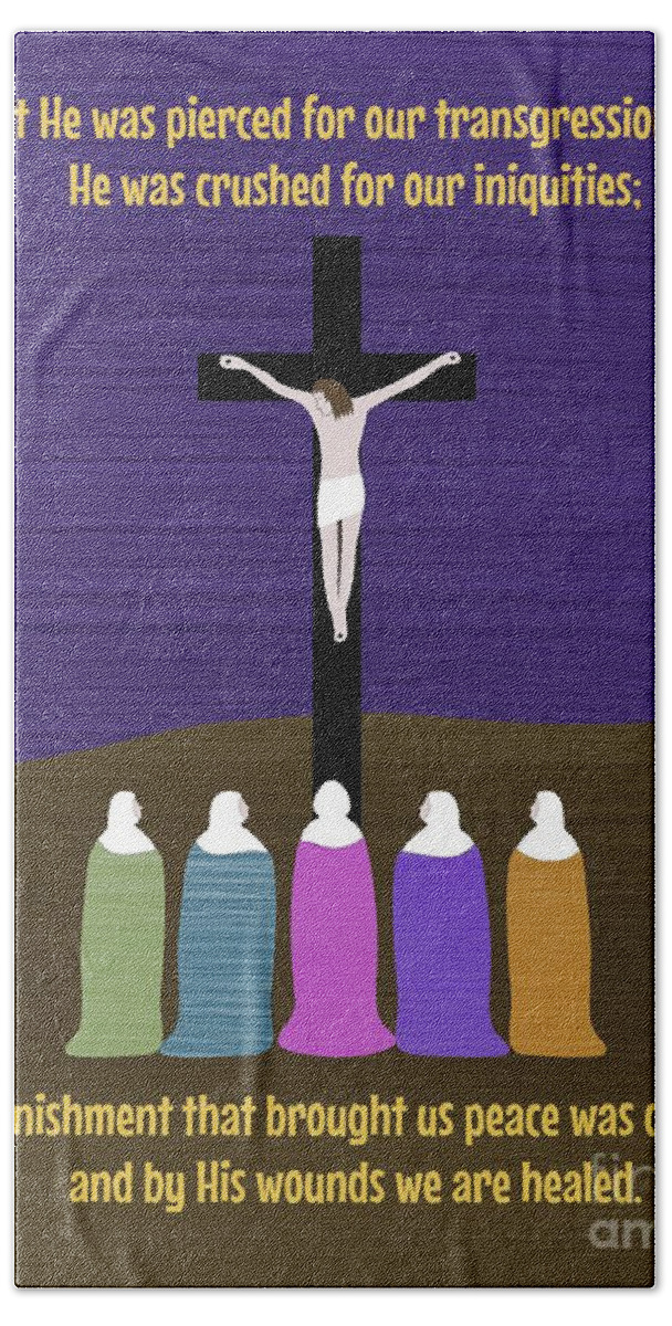 Christian Art Beach Towel featuring the mixed media He Was Pierced for Our Transgressions by Donna Mibus