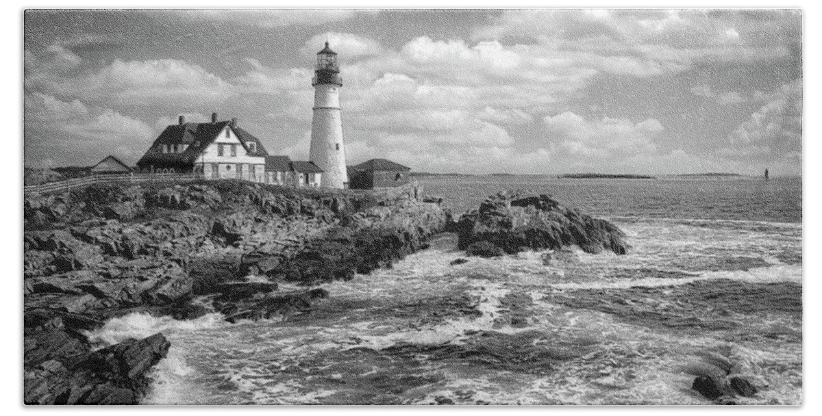 Lighthouses Beach Towel featuring the photograph Head Light of Portland in B-W by DB Hayes