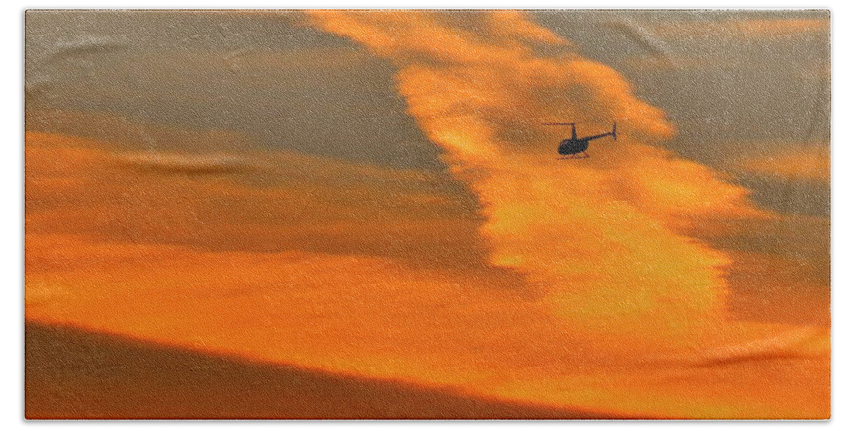 Helicopter Beach Towel featuring the photograph Helicopter Approaching at Sunset by Linda Stern