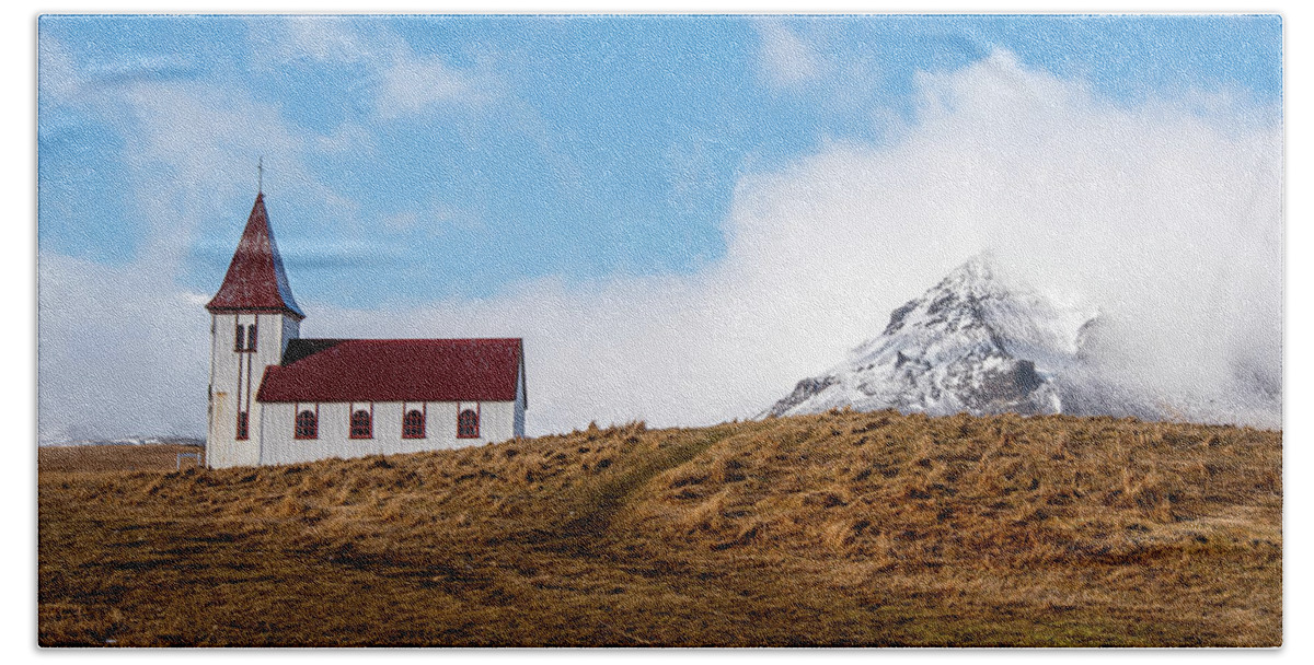 Iceland Beach Towel featuring the photograph Hellnar church in Snaefellsnes peninsula of Western Iceland. by Michalakis Ppalis