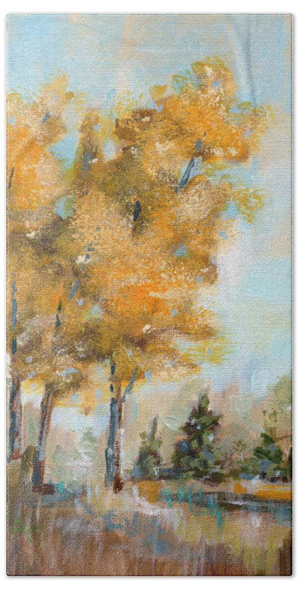 Landscape Beach Towel featuring the painting Hello Yellow - Fall landscape painting by Annie Troe