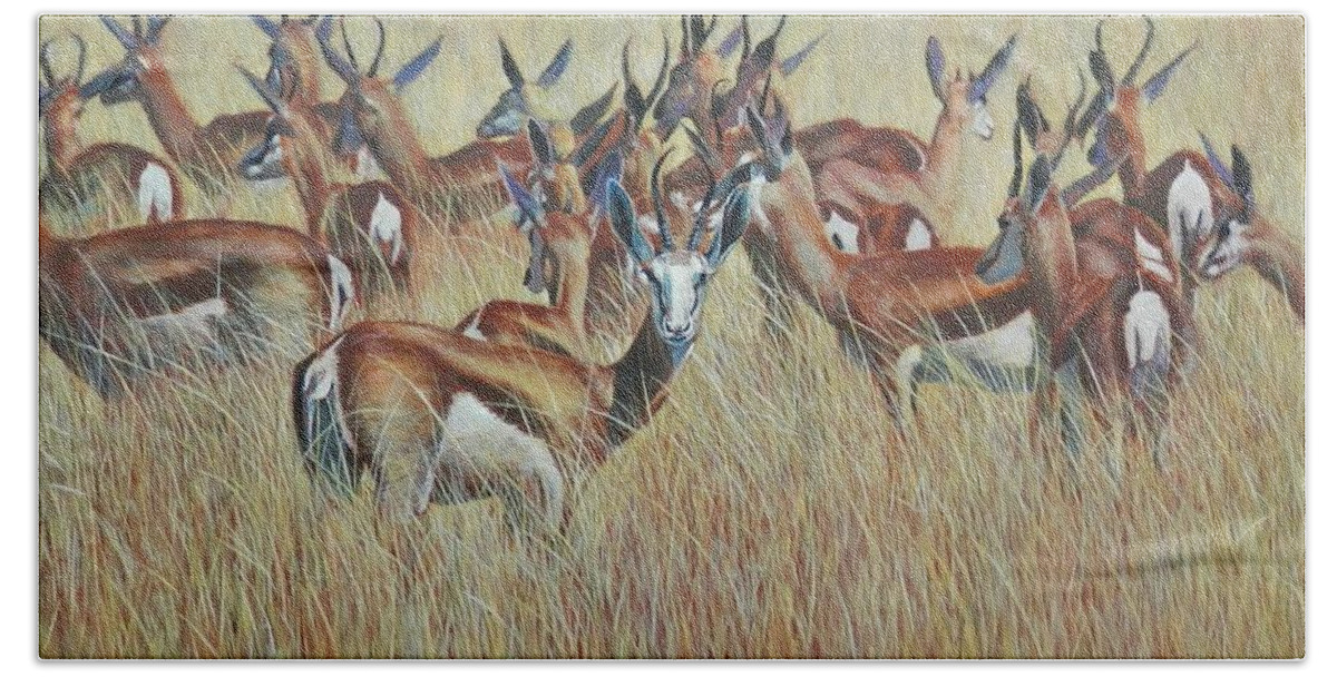 Springbok Beach Towel featuring the painting Herd of Springbok by John Neeve