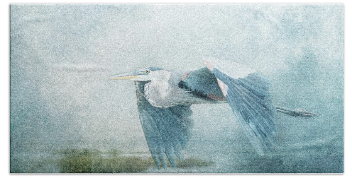 Great Blue Heron Beach Towel featuring the mixed media Heron Blue by Ed Taylor